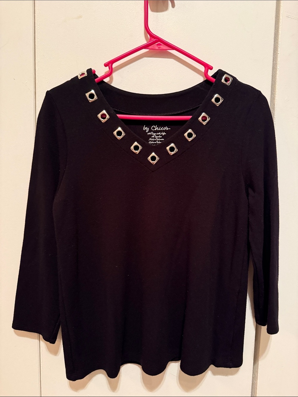 Chico's Black V-Neck Long Sleeve Top with Grommet Trim
